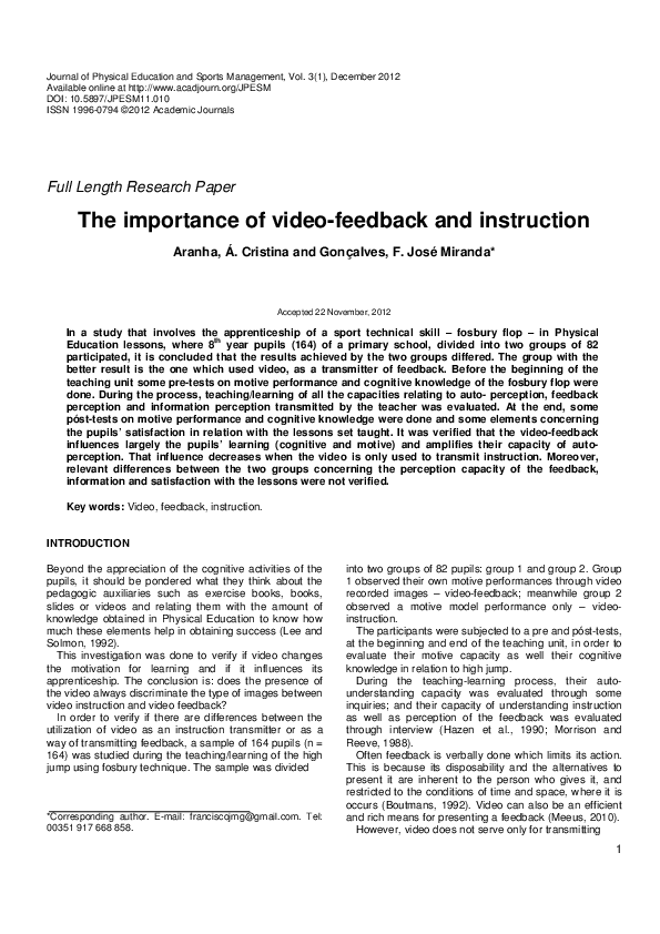 (PDF) The importance of video-feedback and instruction