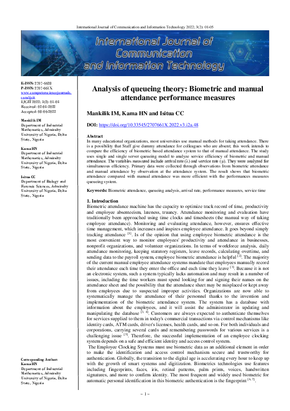 (PDF) Analysis of queueing theory: Biometric and manual attendance ...