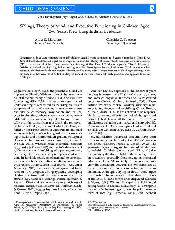 (PDF) Siblings, Theory of Mind, and Executive Functioning in Children ...