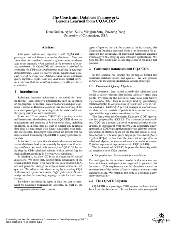 (PDF) The constraint database framework: lessons learned from CQA/CDB