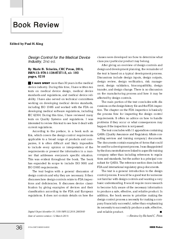 (PDF) Design Control for the Medical Device Industry, 2nd ed. [Book review]