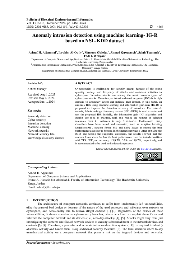 (PDF) Anomaly intrusion detection using machine learning- IG-R based on ...