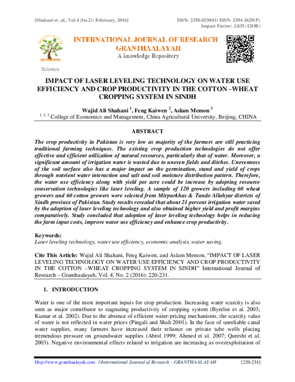 (PDF) Impact of Laser Leveling Technology on Water Use Efficiency and ...