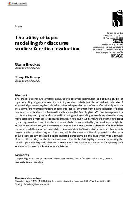 (PDF) The utility of topic modelling for discourse studies