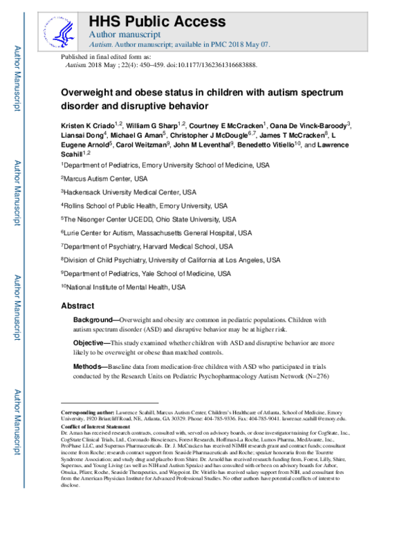 (PDF) Overweight and obese status in children with autism spectrum ...
