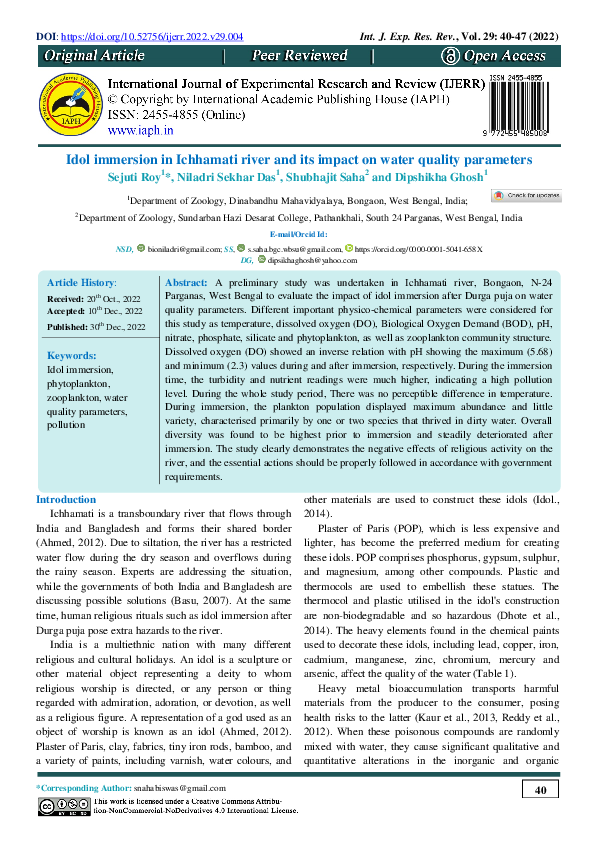 (PDF) Idol immersion in Ichhamati river and its impact on water quality ...