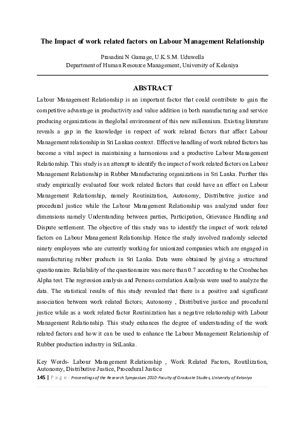 (PDF) The Impact of work related factors on Labour Management Relationship