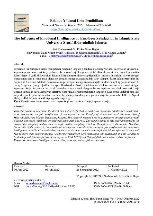 (PDF) The Influence of Emotional Intelligence on Employee Satisfaction ...