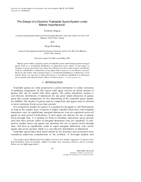 (PDF) The Design of a Dynamic Tradeable Quota System under Market ...