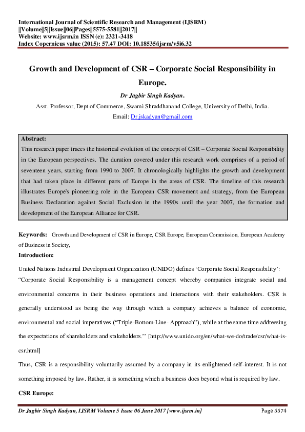 (PDF) Growth and Development of CSR – Corporate Social Responsibility ...