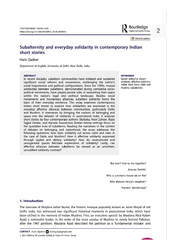 (PDF) Subalternity and everyday solidarity in contemporary Indian short ...