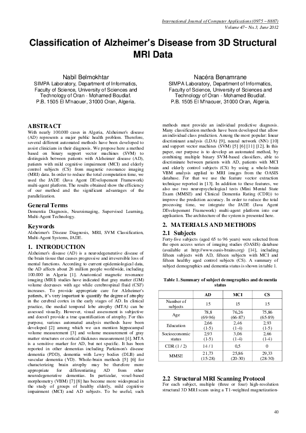 (PDF) Classification of Alzheimer's Disease from 3D Structural MRI Data