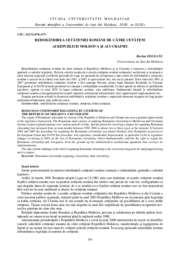 (PDF) Redobândirea Cetățeniei Române De Către Cetățeni Ai Republicii ...