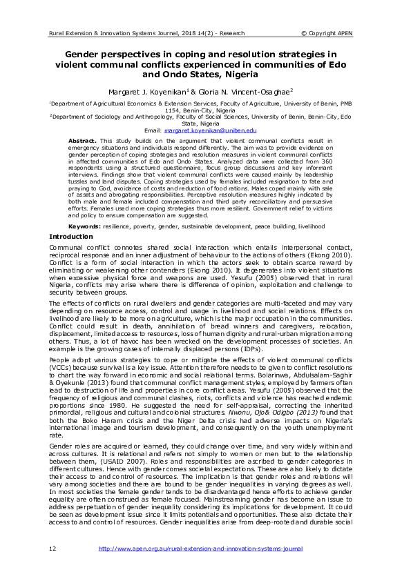 (PDF) Gender perspectives in coping and resolution strategies in ...