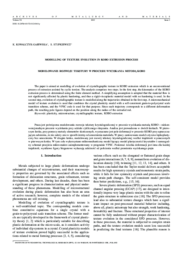 (PDF) Modelling of Texture Evolution in Kobo Extrusion Process ...