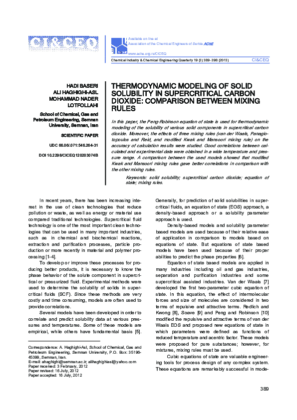 (PDF) Thermodynamic modeling of solid solubility in supercritical ...