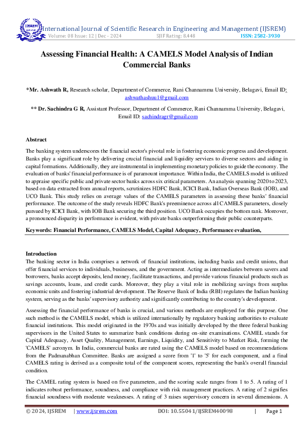 (PDF) Assessing Financial Health A CAMELS Model Analysis of Indian ...