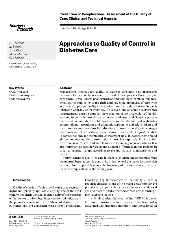 (PDF) Approaches to Quality of Control in Diabetes Care