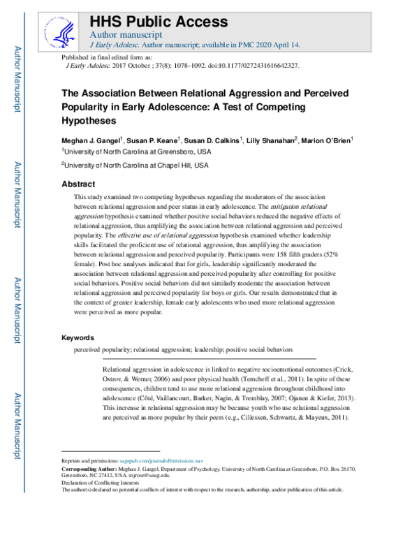 (PDF) The Association Between Relational Aggression and Perceived ...