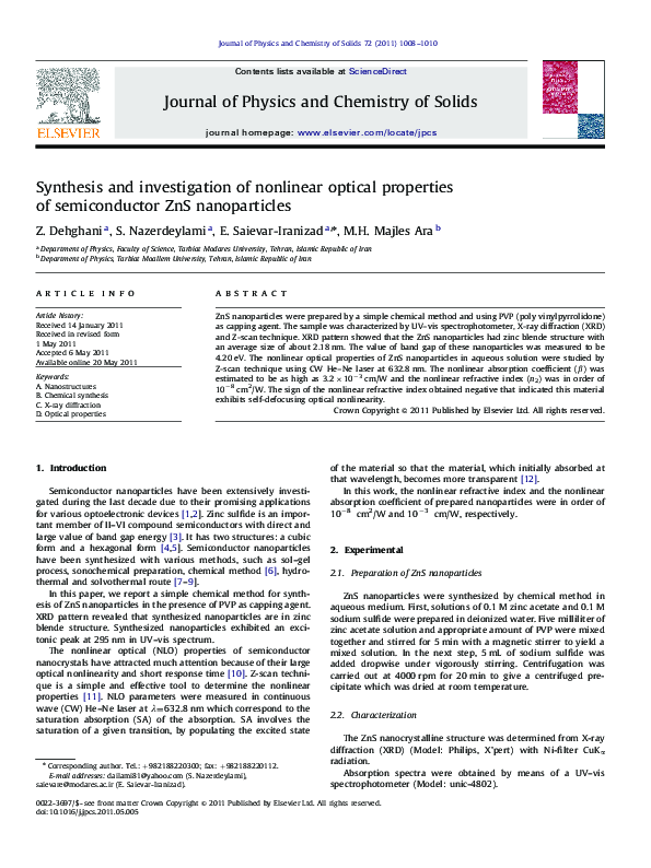 (PDF) Synthesis and investigation of nonlinear optical properties of ...