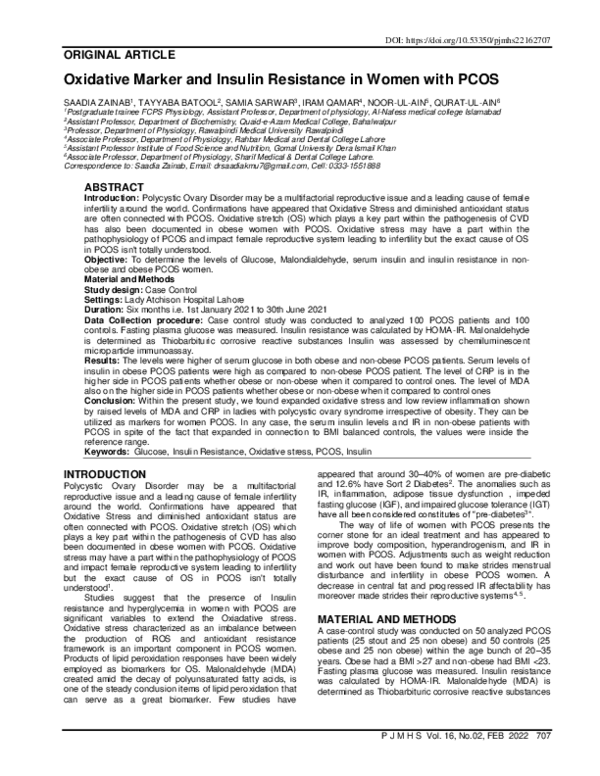 (PDF) Oxidative Marker and Insulin Resistance in Women with PCOS