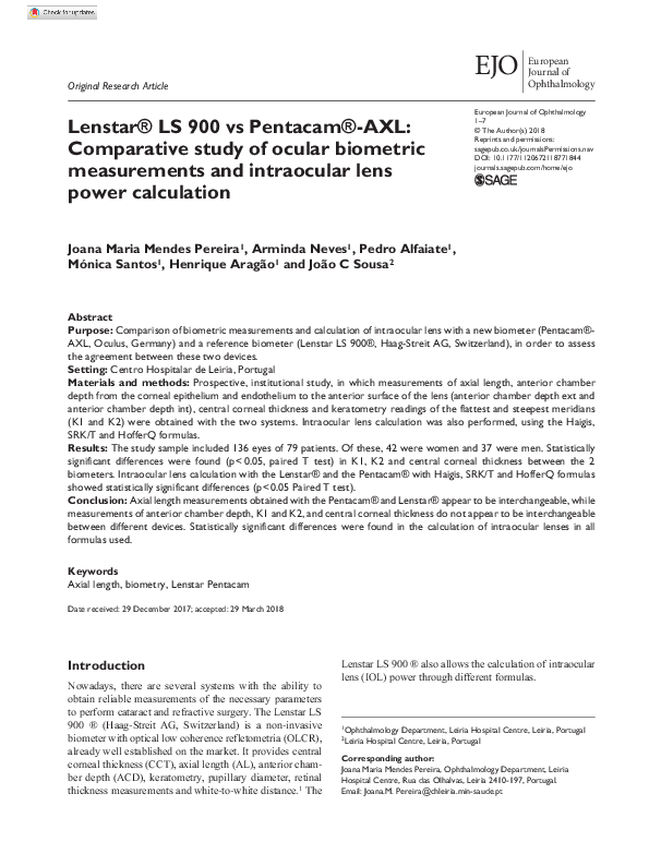 (PDF) Lenstar® LS 900 vs Pentacam®-AXL: Comparative study of ocular ...