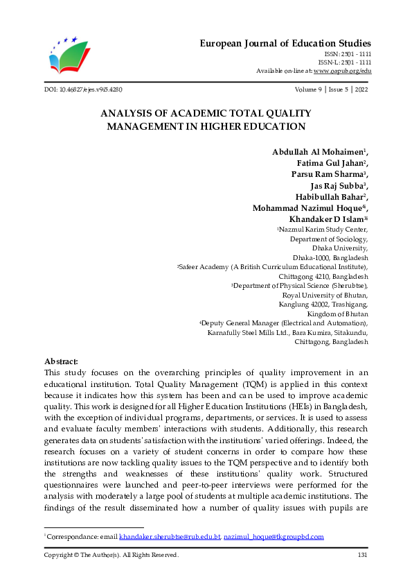 (PDF) Analysis of Academic Total Quality Management in Higher Education