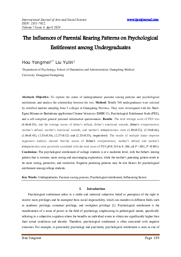 (PDF) The Influences of Parental Rearing Patterns on Psychological ...