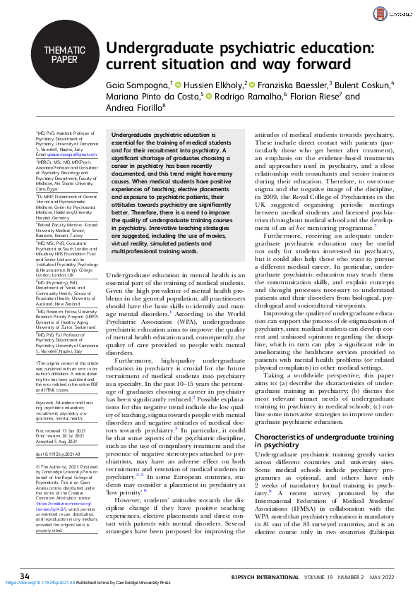 (PDF) Undergraduate psychiatric education: current situation and way ...
