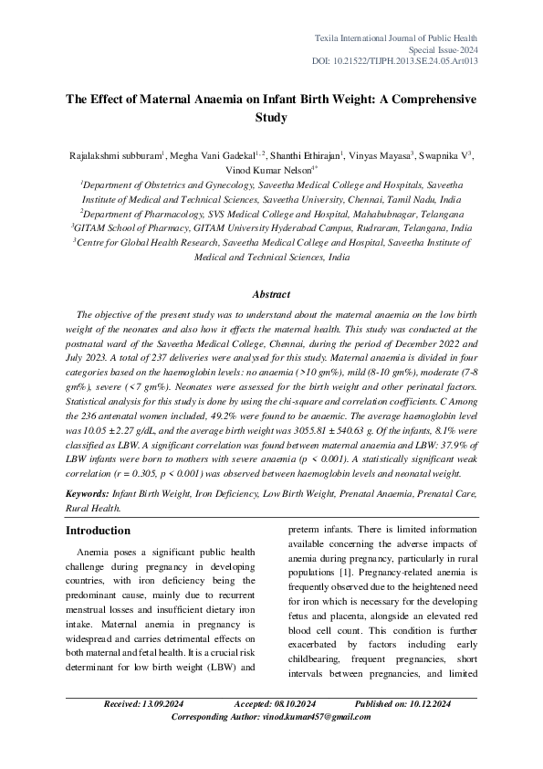 (PDF) The Effect of Maternal Anaemia on Infant Birth Weight: A ...
