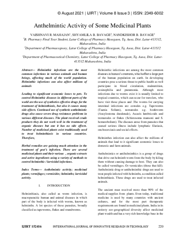 (PDF) Anthelmintic Activity of Some Medicinal Plants