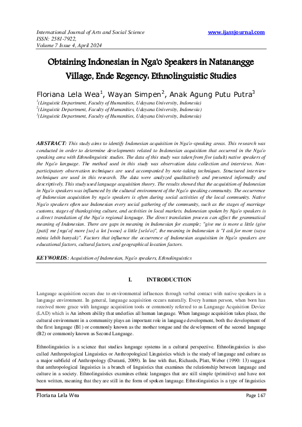 (PDF) Obtaining Indonesian in Nga'o Speakers in Natanangge Village ...