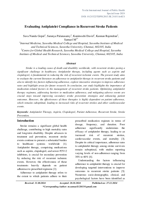 (PDF) Evaluating Antiplatelet Compliance in Recurrent Stroke Patients