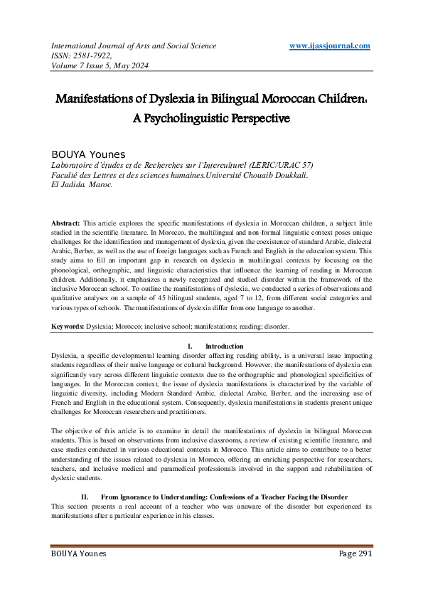 (PDF) Manifestations of Dyslexia in Bilingual Moroccan Children: A ...
