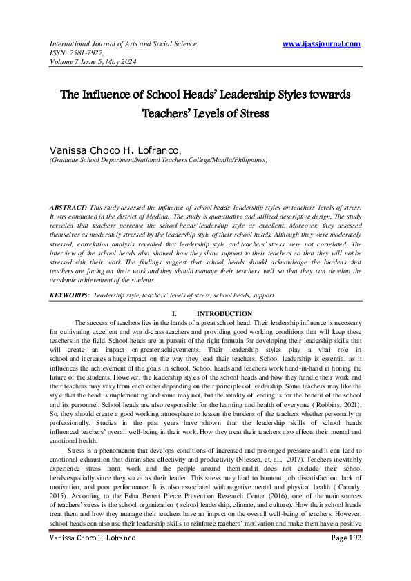 (PDF) The Influence of School Heads’ Leadership Styles towards Teachers ...