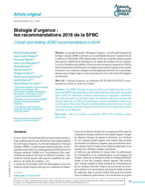 (PDF) Critical care testing: SFBC recommendations in 2018