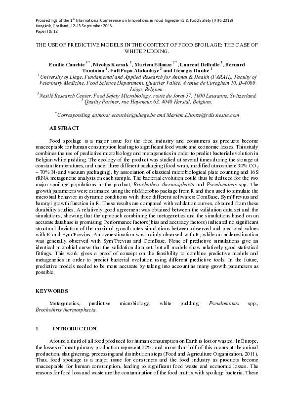 (PDF) The use of predictive models in the context of food spoilage: the ...