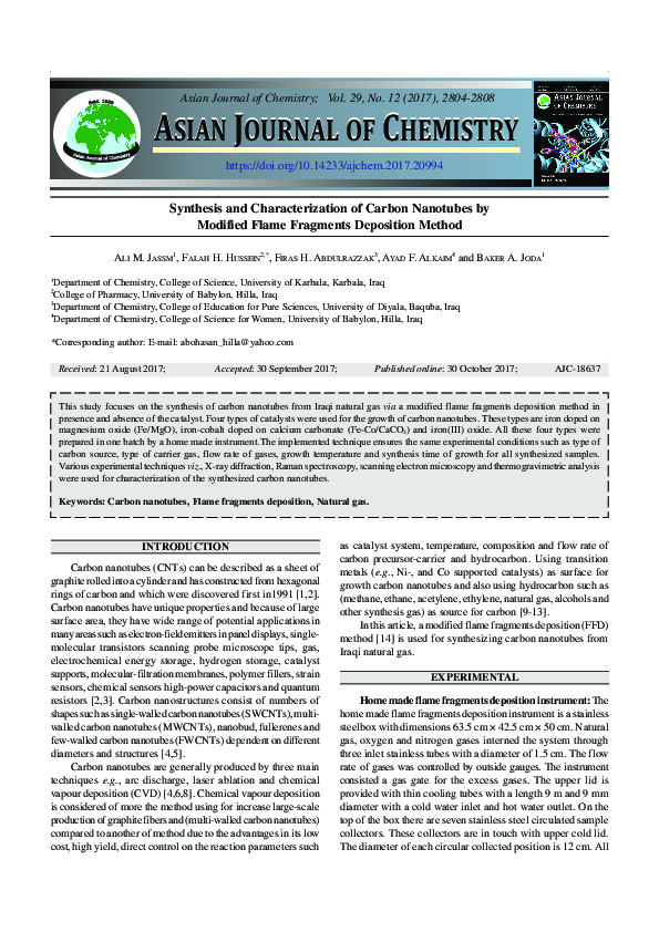 (PDF) Synthesis and Characterization of Carbon Nanotubes by Modified ...