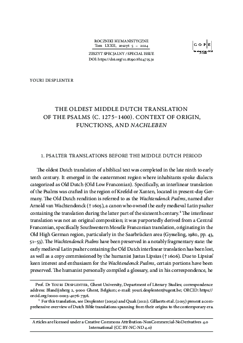 (PDF) The Oldest Middle Dutch Translation of the Psalms (c. 1275–1400 ...