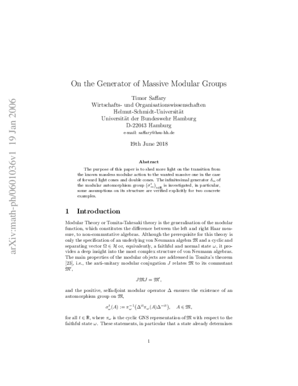 (PDF) On the Generator of Massive Modular Groups