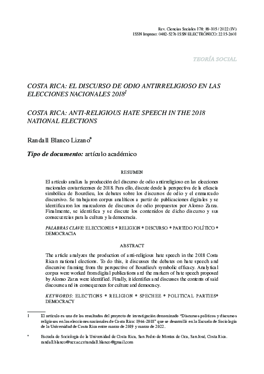 (PDF) Costa Rica: El Discurso De Odio Antirreligioso en Las Elecciones ...