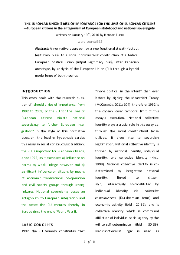 (PDF) THE EUROPEAN UNION’S RISE OF IMPORTANCE FOR THE LIVES OF EUROPEAN ...