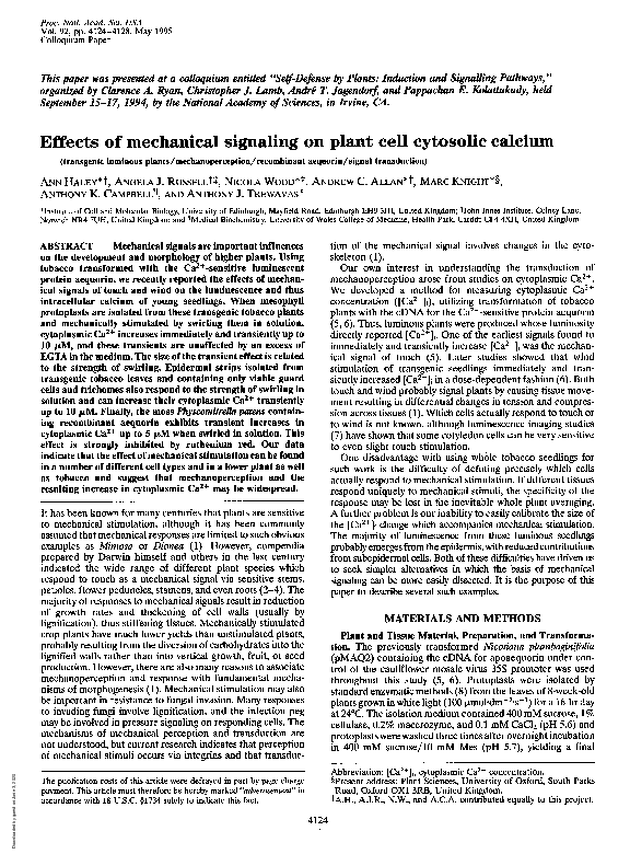 (PDF) Effects of mechanical signaling on plant cell cytosolic calcium