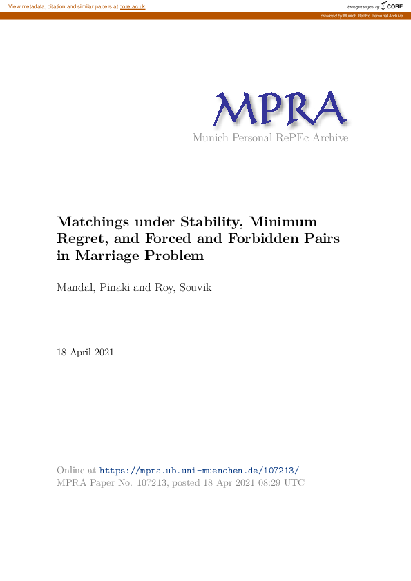 (PDF) Matchings under Stability, Minimum Regret, and Forced and ...