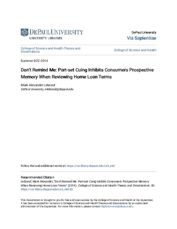 (PDF) Don’t Remind Me: Part-set Cuing Inhibits Consumers Prospective ...