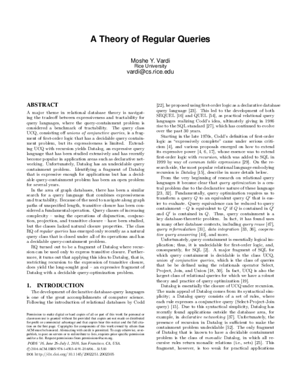 (PDF) A Theory of Regular Queries