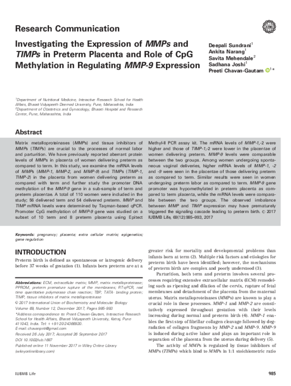 (PDF) Investigating the expression of MMPs and TIMPs in preterm ...