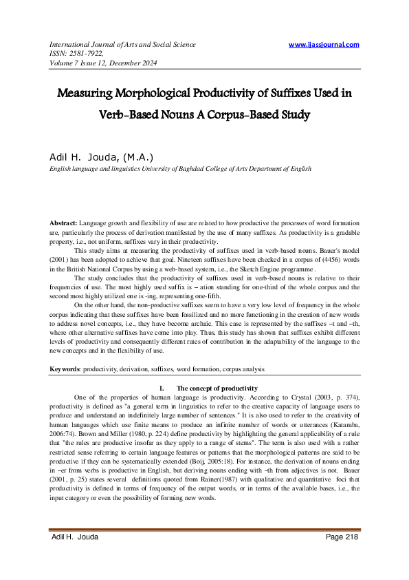 (PDF) Measuring Morphological Productivity of Suffixes Used in Verb ...