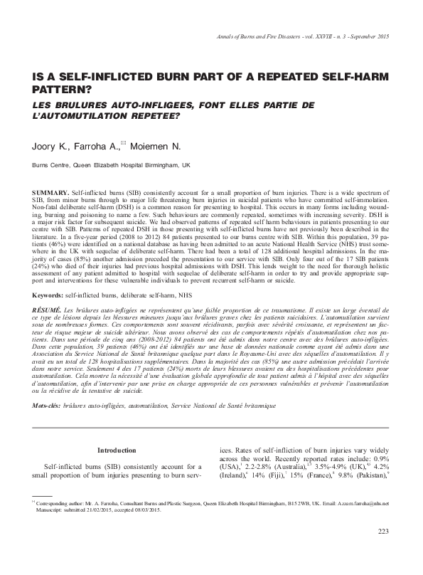 (PDF) Is a self-inflicted burn part of a repeated self-harm pattern?