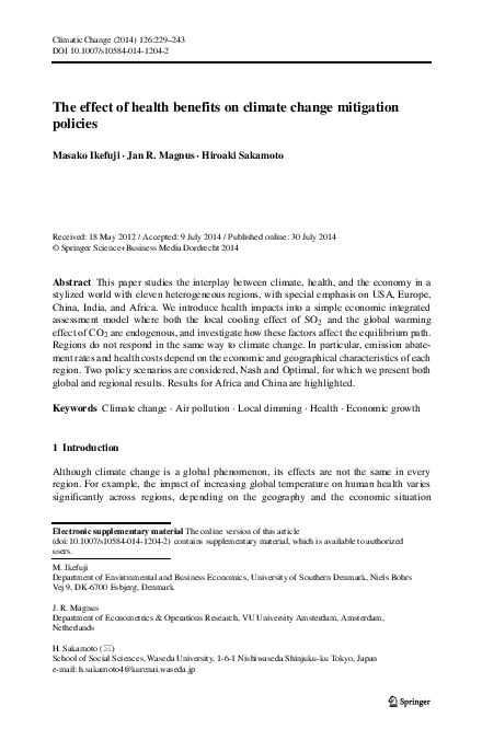 (PDF) The effect of health benefits on climate change mitigation policies